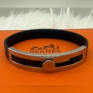 HERMÉS Puspus Leather Silver Tone/ Black Leather Bracelet